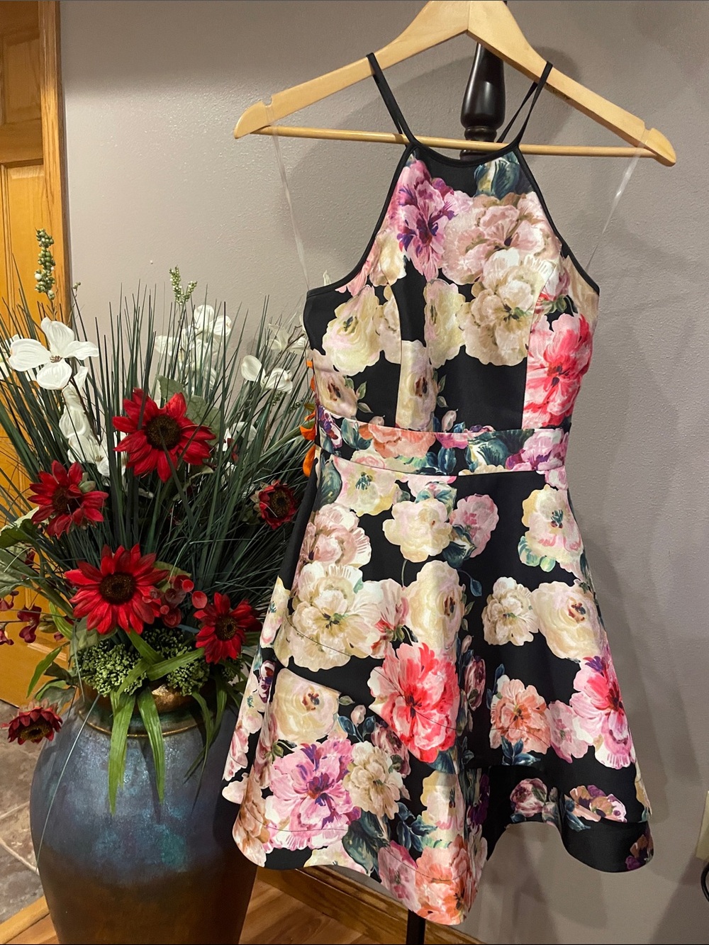 Speechless Black Floral Halter Mini Dress